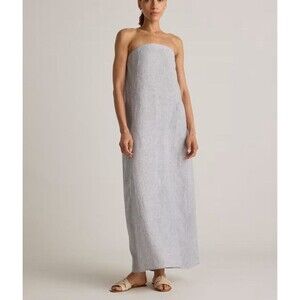 Quince 100% European Linen Strapless Maxi Dress Size Large Blue Pinstripe